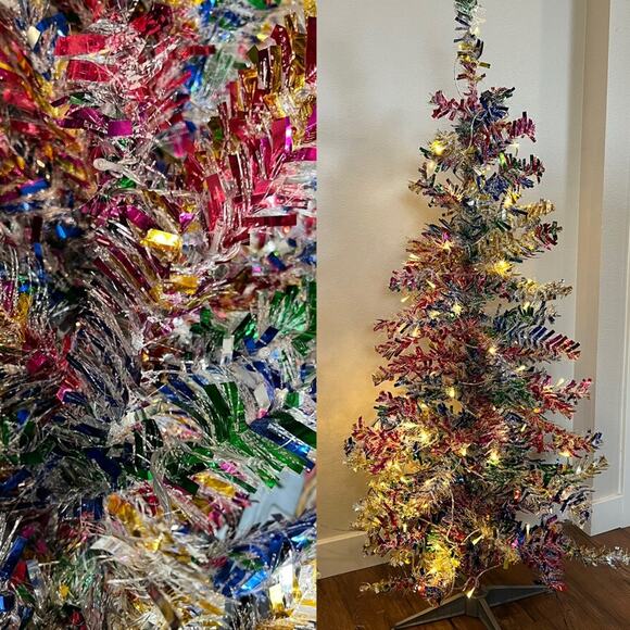 4ft Colorful Tinsel Christmas Tree Multicolored Silver Gold Pre-lit Warm Lights - Picture 1 of 12